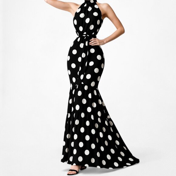 Mango Black White Turtleneck Polka Dot Fit Flared Maxi Sundress Dress Size XS/S